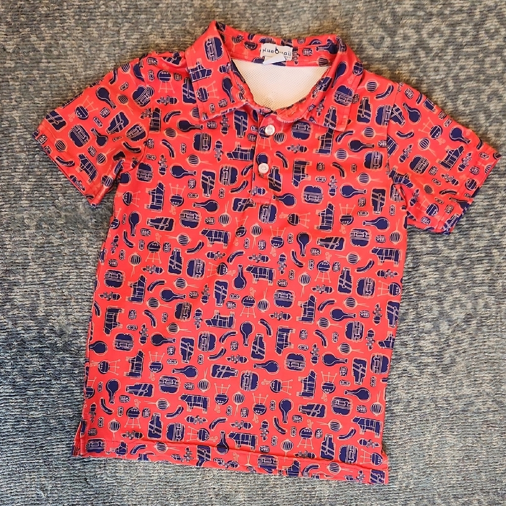 Vibrant Red Kids Polo Shirt with Blue Patterns